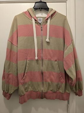 BDG Striped Zip Hoodie in Pink and Olive Medium